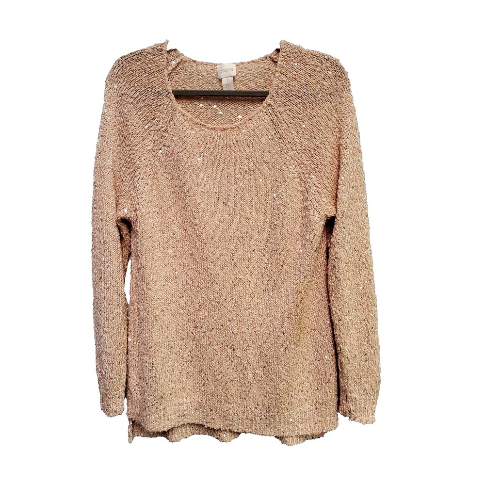 Chico's Sz 1 /8-10 'Claire' Pullover Sweater Pale Pink Open Weave Knit w Sequins